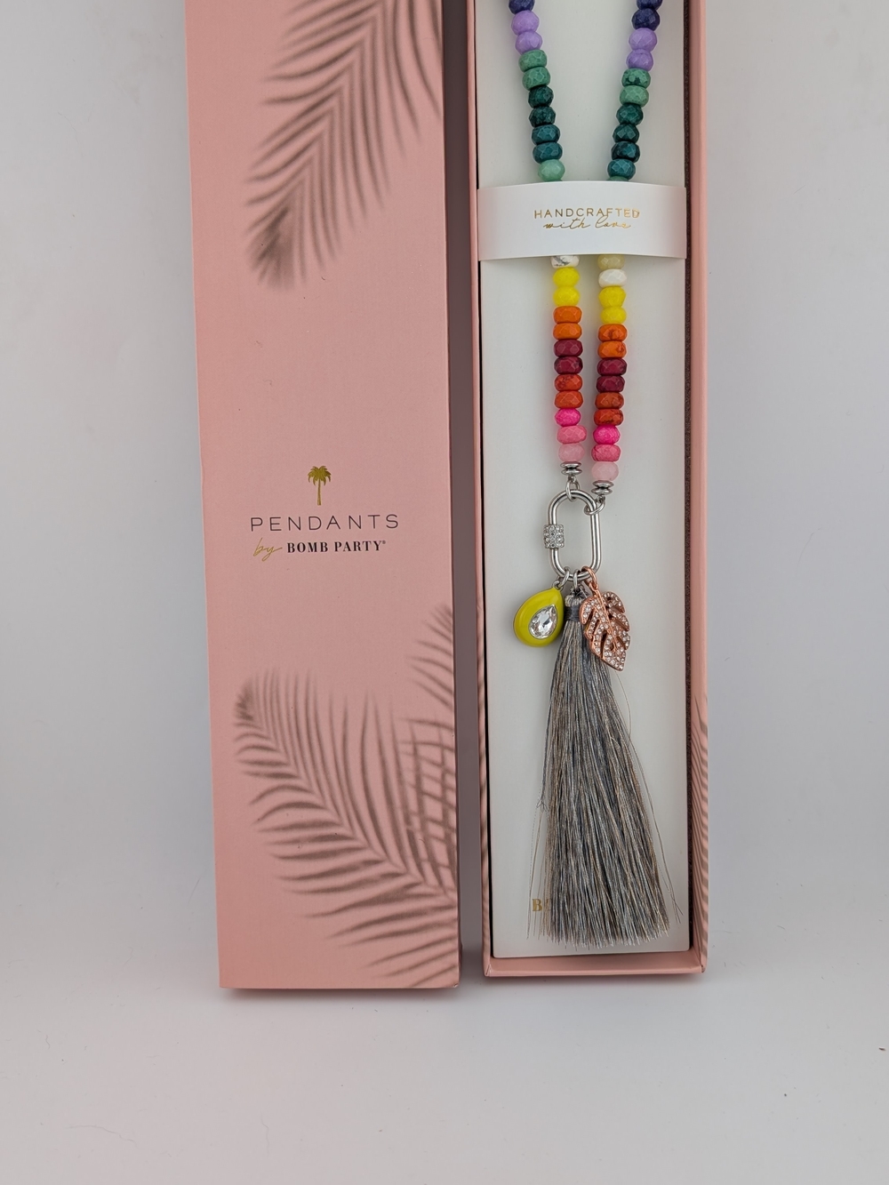 Bomb Party Multicolor Beaded Necklace with Gray Tassel and Charm